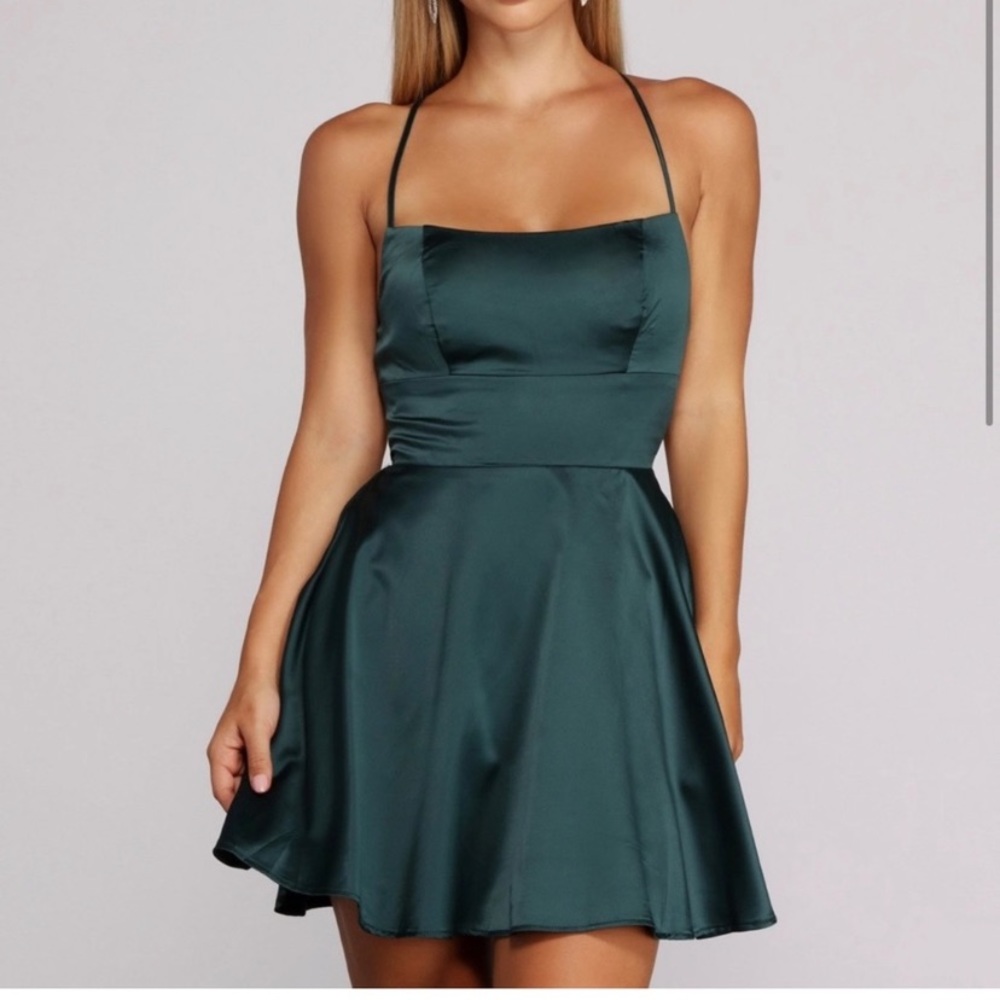 Dark Green Satin Skater Dress